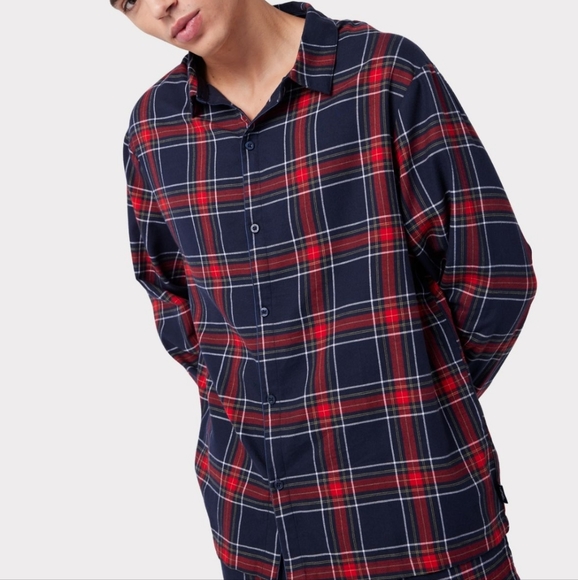Unisex Flannel Red & Navy Check Print Pyjama Shirt - Picture 2 of 4